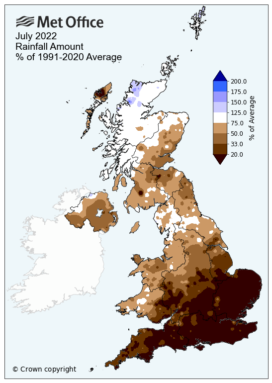 Map showing UK rainfall in July 2022 compared to average. The map shows the south of the UK is significantly drier than the northwest.