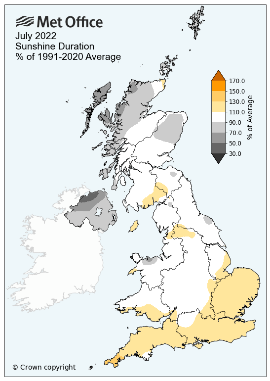 Map of the UK showing sunshine hours versus their long term averages. The map shows near-average sunshine for much of the UK, with the south slightly sunnier and the northwest slightly duller.