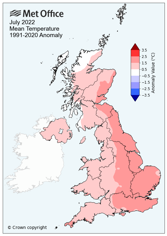 Map of the UK showing temperatures for the month versus their long term average. The map shows the vast majority of the UK has had above average mean temperatures, especially so in the southeast.