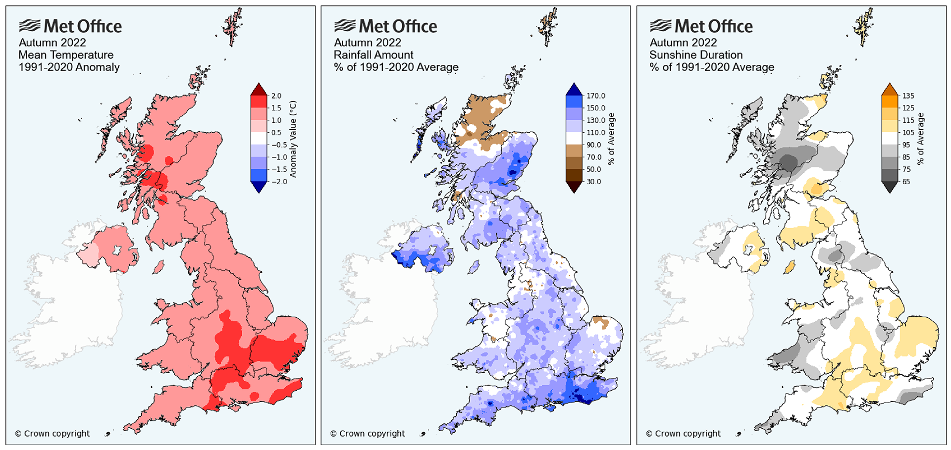 Maps showing above average temperatures for the UK in Autumn, as well as above average rainfall and near-average sunshine