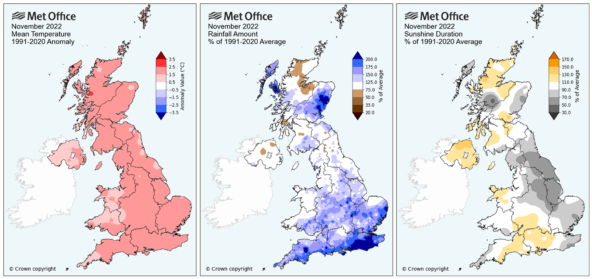 Maps showing above average temperatures for the UK in November, as well as above average rainfall in the south and near-average sunshine for many.