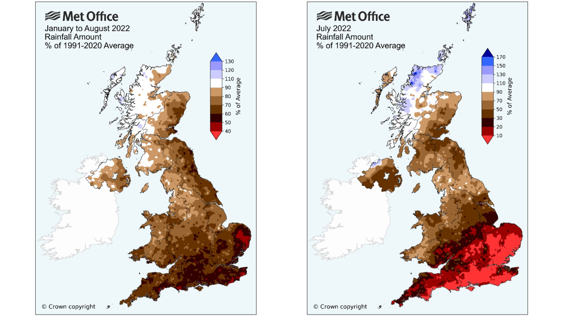 Two maps of the UK's rainfall amount. One shows rainfall amount compared to average for January to August 2022. The map shows rainfall levels well below average. The second map is July 2022's rainfall, which shows a significantly dry month, especially in the south and east of the UK.