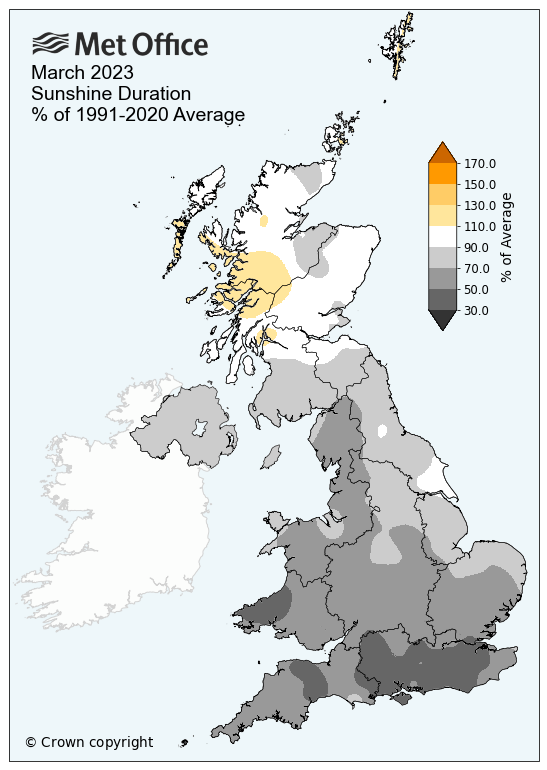 Map of the UK showing sunshine hours versus their long term averages. The map shows a duller than average month, especially in the south.