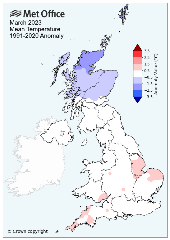 Map of the UK showing mean temperature for March 2023 versus average. The maps shows a near average month for most, with Scotland cooler than average.