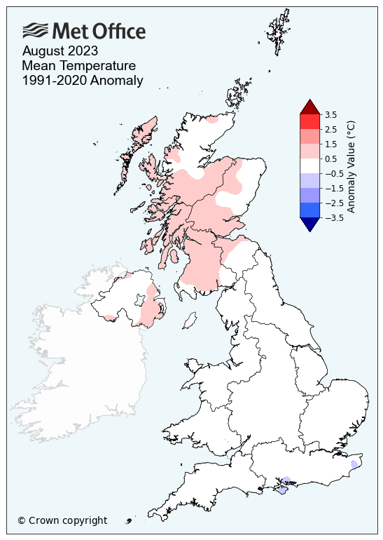 Map of the UK showing August 2023 mean temperature compared to average. The map shows mainly average temperatures, though above average in Scotland.