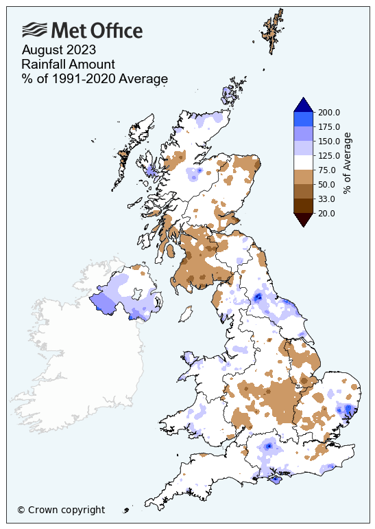 Map of the UK showing August 2023 rainfall amount compared to average. The map shows a mixture of conditions, with parts of England drier than average.