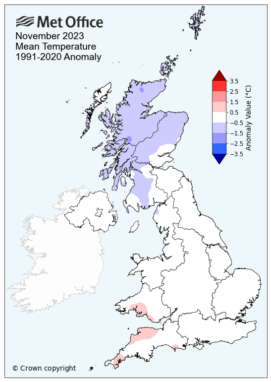 Map of the UK showing November mean temperature, much of the UK is around average with most of Scotland just below average.