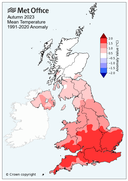 Map of the UK showing warmer than average Autumn in southern parts of the UK in 2023.