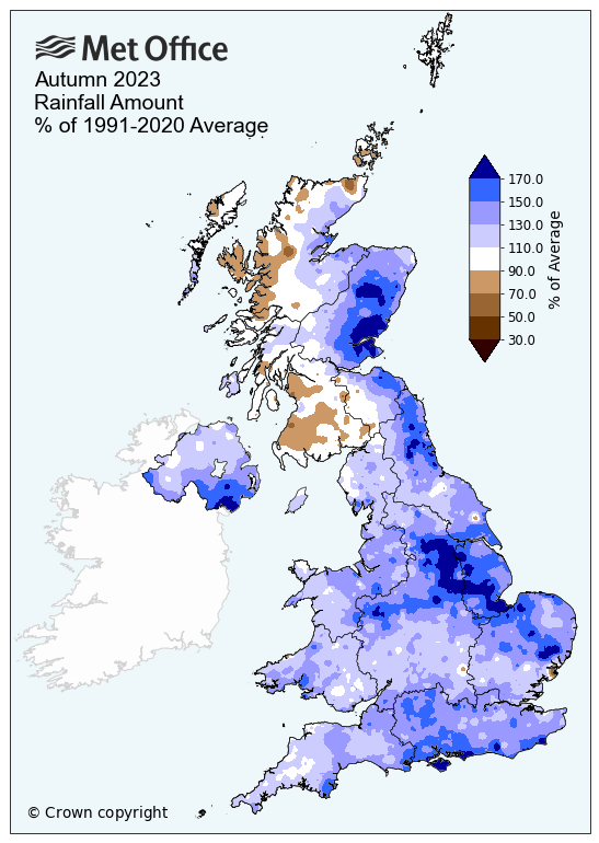 Map of the UK showing Autumn 2023 rainfall with areas in the East and South above average and Western Scotland around or below average.