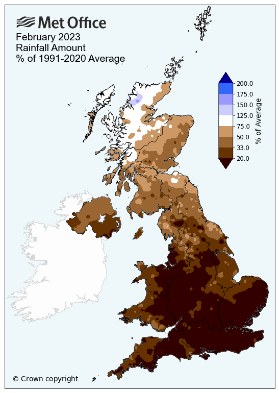 Rainfall map of the UK in February 2023. The map shows the UK has been much drier than average.