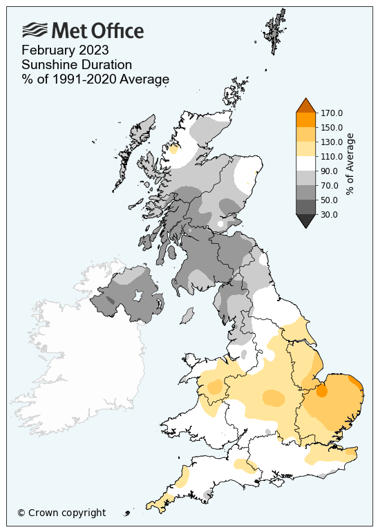 February 2023 sunshine map versus average. The map shows duller than average conditions in the northwest and sunnier than average conditions in the southeast.