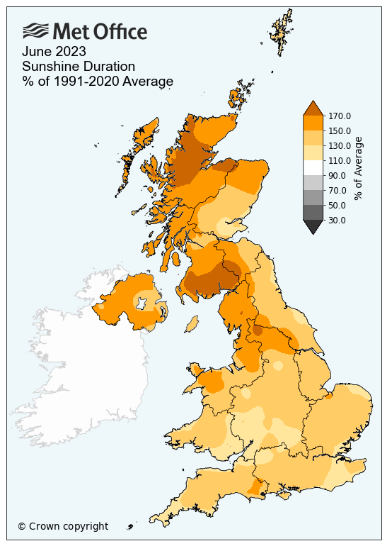 A sunshine anomaly map for June 2023 for the UK. The map shows the UK has seen significantly more sunshine hours than average, especially in the north.
