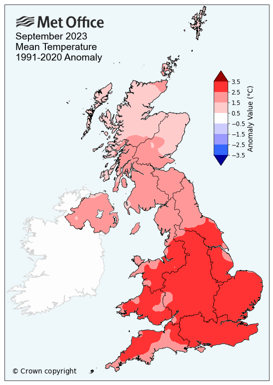 Map showing September 2023 mean temperature compared to average. The map shows a significantly warmer than average month.