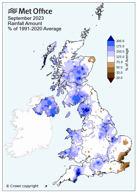 September 2023 rainfall compared to average. The map shows a generally slightly wetter than average month.