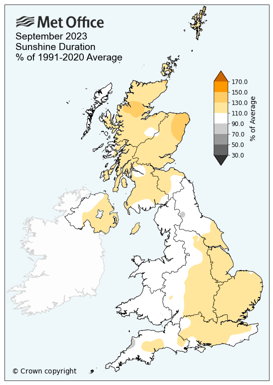 Map showing UK's September 2023 sunshine hours compared to average. The map shows a slightly sunnier than average month.