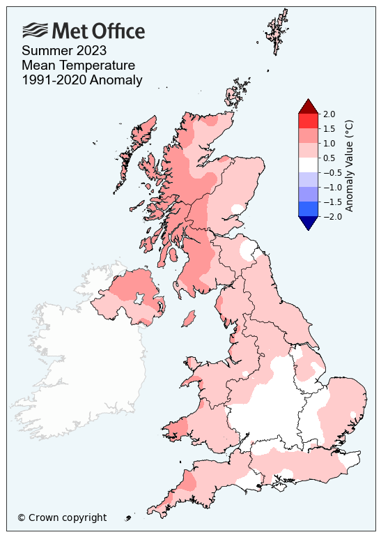 Map of the UK showing mean temperature in summer 2023 compared to average. The map shows a warmer than average season, especially further north.