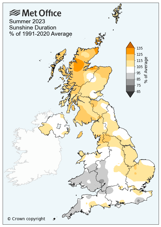 Map of the UK showing sunshine hours for summer 2023 compared to average. The map shows that northern areas had more sunshine hours than average.