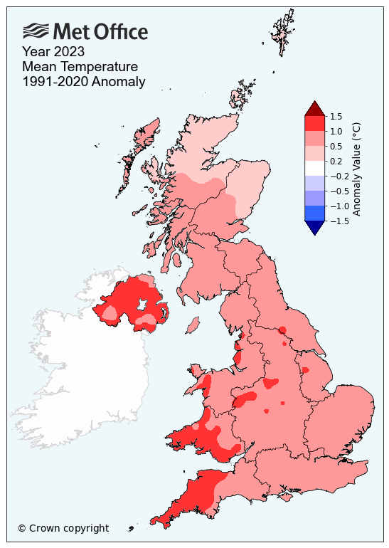 2023 mean temperature compared to average on a map of the UK. The map shows much of the country warmer than average.