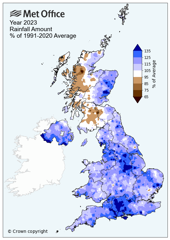 Map of the UK showing rainfall amount in 2023 compared with the long term average. The map shows much of the country is wetter than average, particularly in northeastern areas.