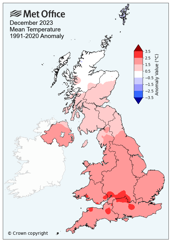 December 2023 mean temperature compared to average. The map shows a generally warmer than average month