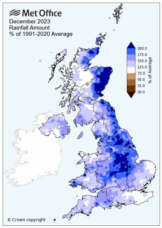 December rainfall compared to average. The map shows a generally wetter than average month in the north and east.