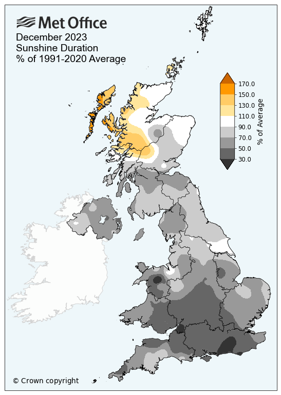 December 2023 sunshine hours in the UK compared to average. The map shows a duller than average month for many, though Scotland has above average levels.