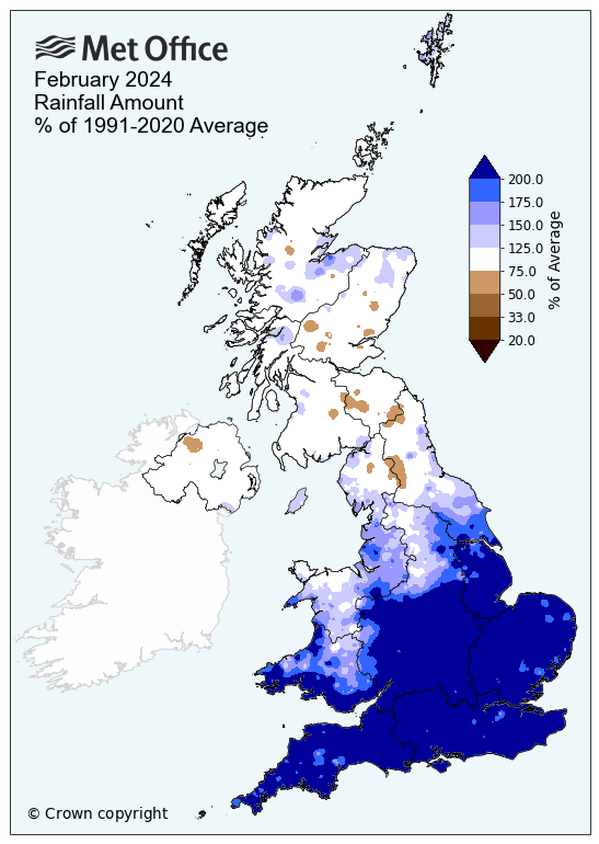 Map showing Feb 24 rainfall compared to average. The map shows a significantly wetter than average month in the south - though closer to average in the north.