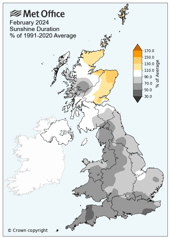 Map showing Feb 24 sunshine duration compared to average. The map shows a duller than average picture for many, especially in the south.