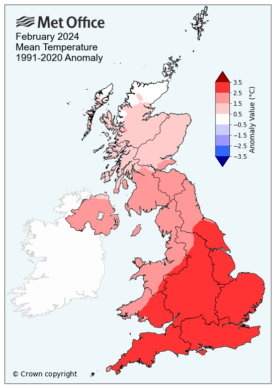 Map showing Feb 24 mean temp compared to average. The map shows a significantly warmer than average month, especially in the south.