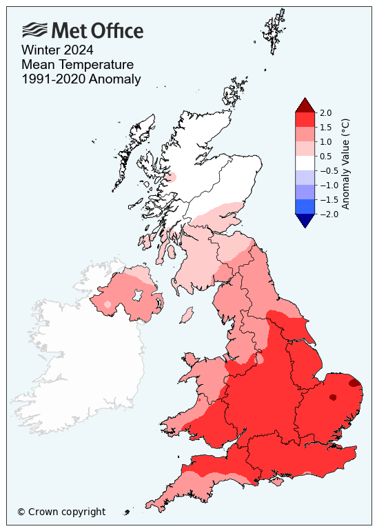 Map showing winter 24 mean temp compared to average. The map shows a much warmer than average season, especially in the south.