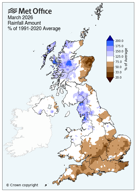 Map showing rainfall for the UK March 2026