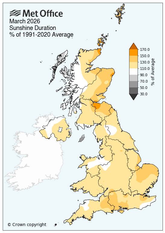 Map showing sunshine for March 2026
