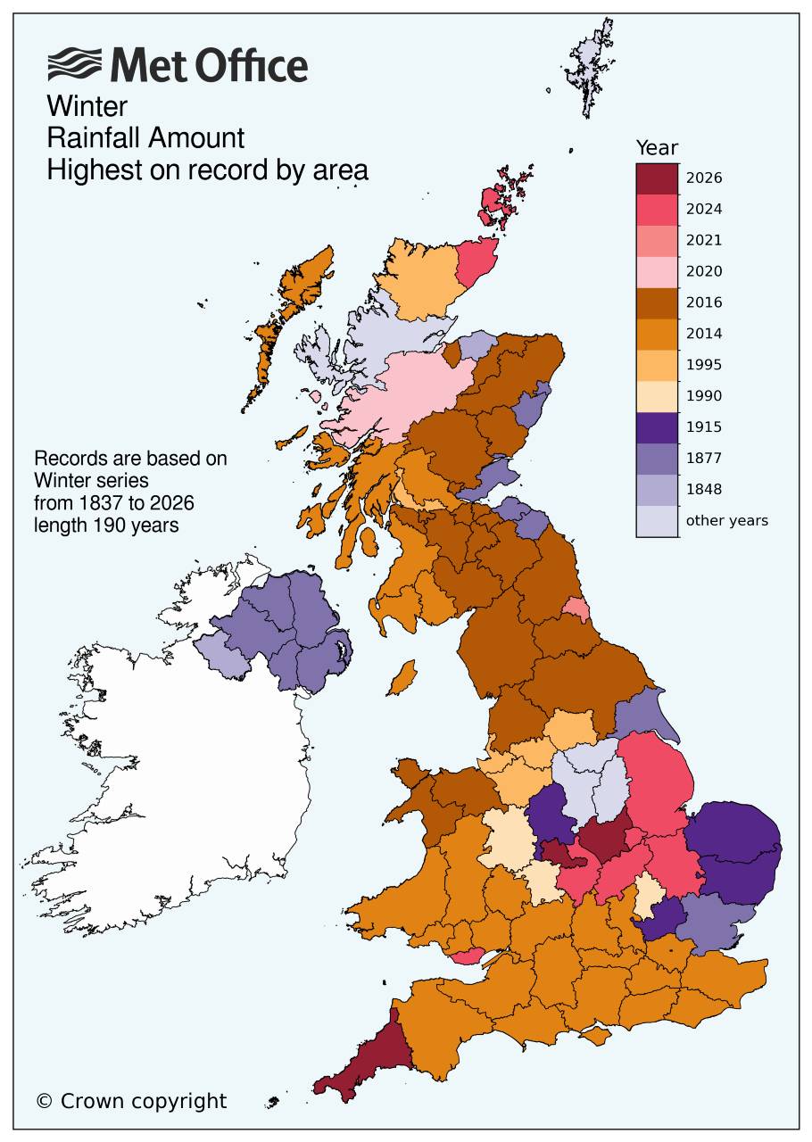 This map shows winter rainfall records by county from 1837 and in which year they occurred.