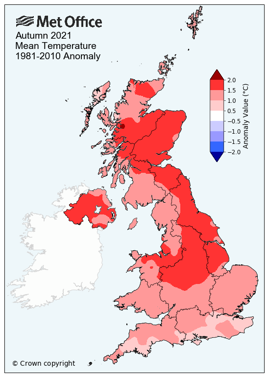 Map showing above average mean temperatures for the UK in Autumn 2021