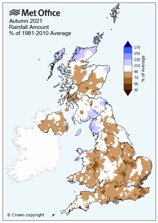 Map showing generally below average rainfall in Autumn 2021 for the UK
