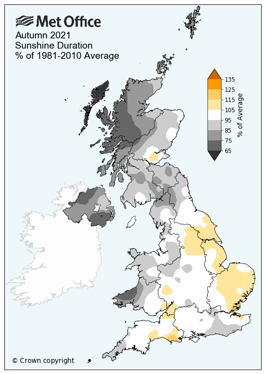 Map showing near-average sunshine hours in the south for Autumn in the UK, but duller-than-average in the northwest of the UK.