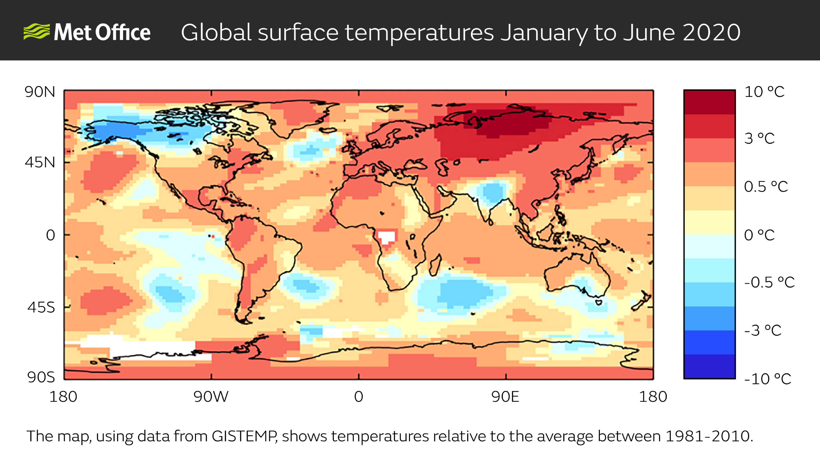 Map showing global surface temperatures from January to June 2020, relative to the average between 1981-2010. Most of Siberia sees an increase of between 3 and 10 °C, compared to the 1981-2010 average.