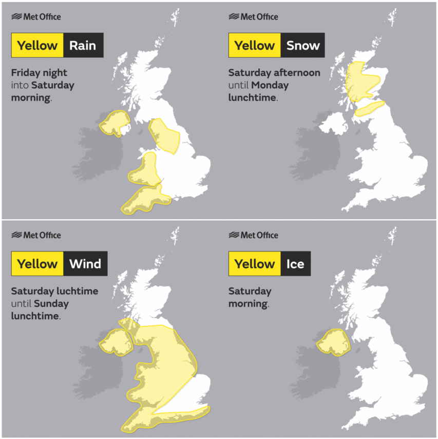 A set of four maps indicating areas of the UK affected by yellow weather warnings.
