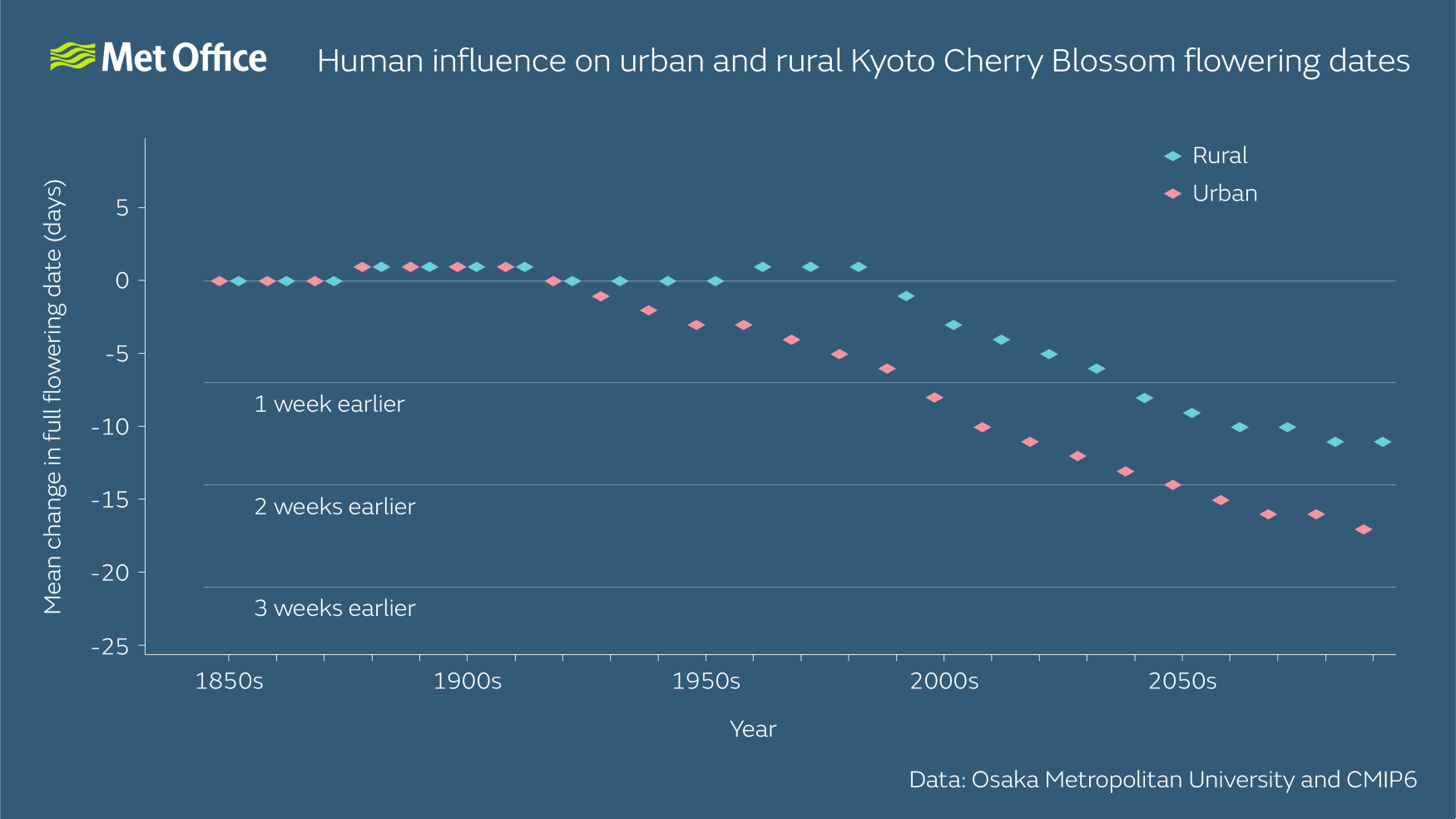 Graph showing cherry blossom flowering dates in urban and rural locations