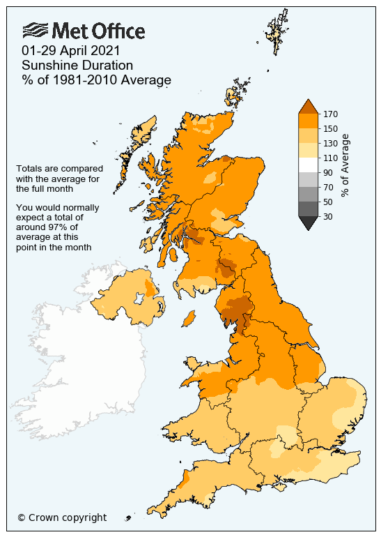 Map showing April 2021 sunshine hours