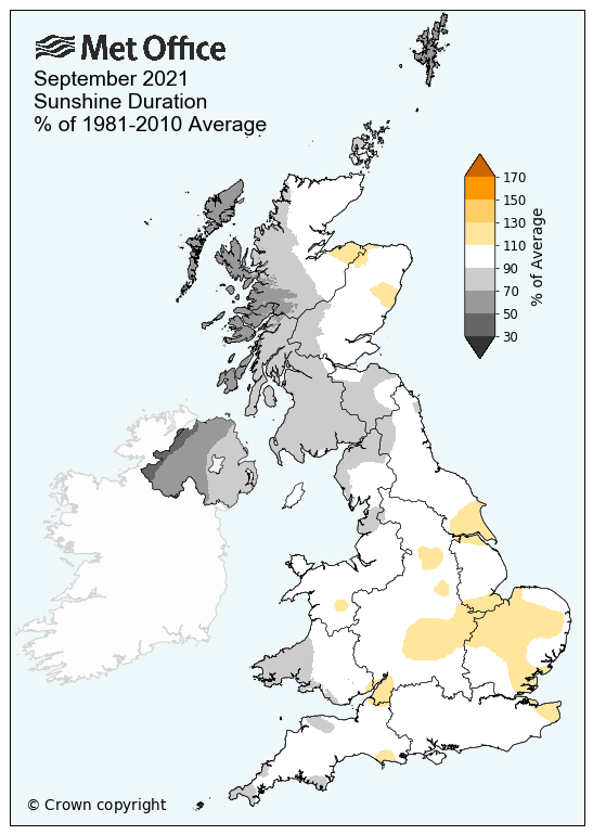 Map showing the average number of sunshine hours for the UK in September 2021. The map shows duller than average conditions in the west, especially in Northern Ireland.