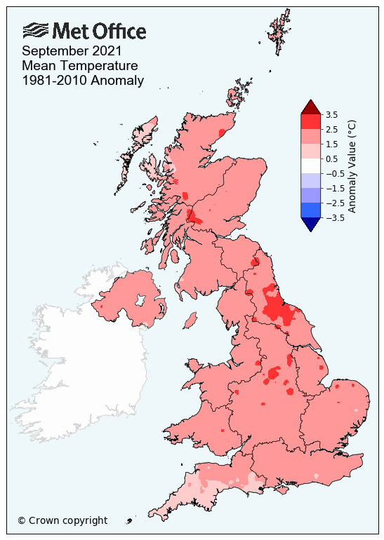 Map showing the mean temperature across the UK for September 2021. The maps shows widespread above average temperatures for the month.