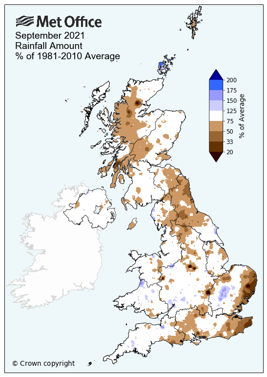 Map showing the average rainfall for the UK in September 2021. The map shows generally drier than average conditions, especially in the far southeast and the north of England and Scotland.