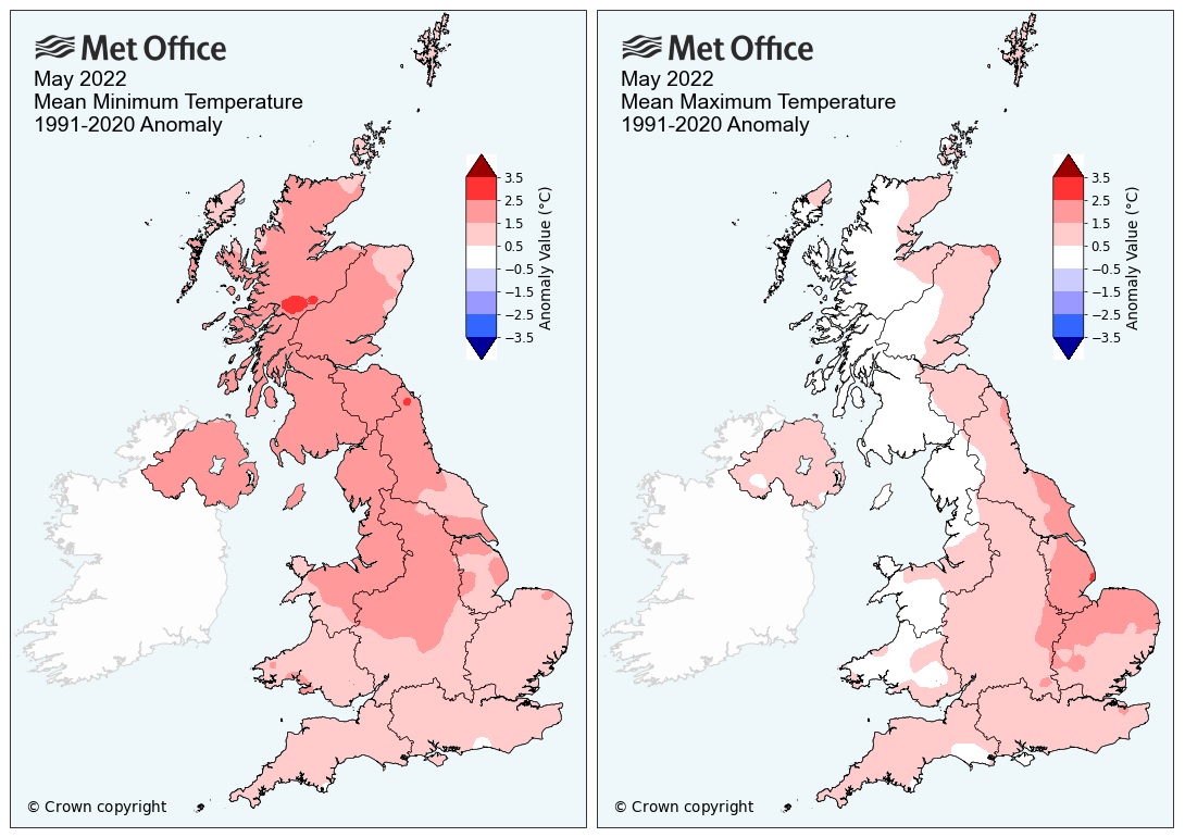 Maps showing mean min and max temperatures for May 2022