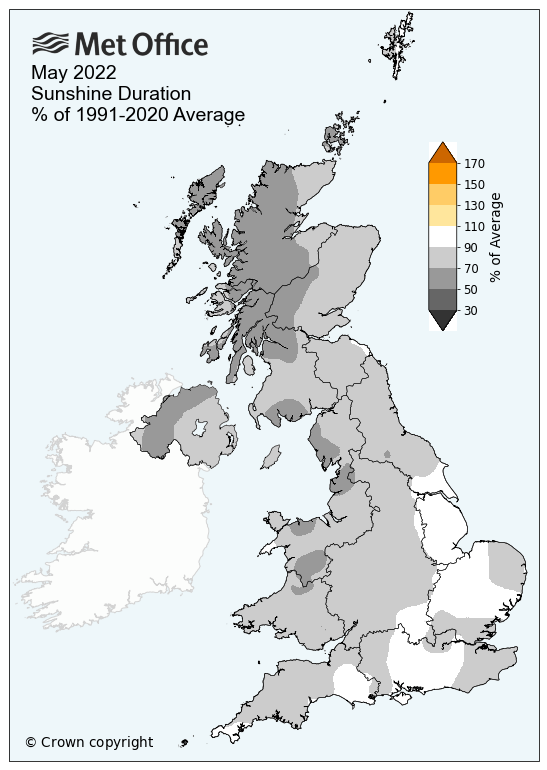 Map showing sunshine hours for May 2022