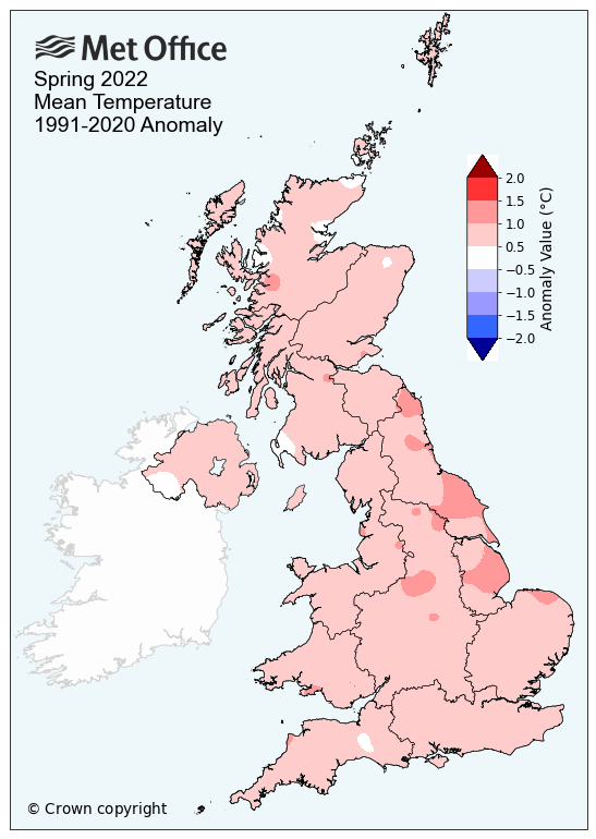 Map showing mean temperature for Spring 2022