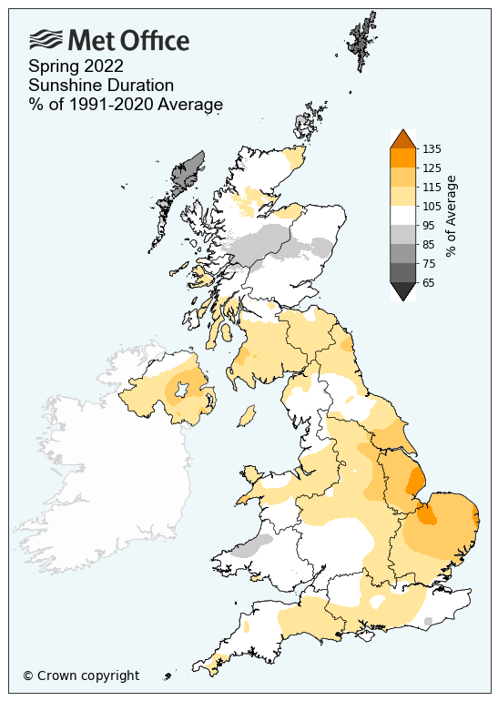 Map showing sunshine for Spring 2022