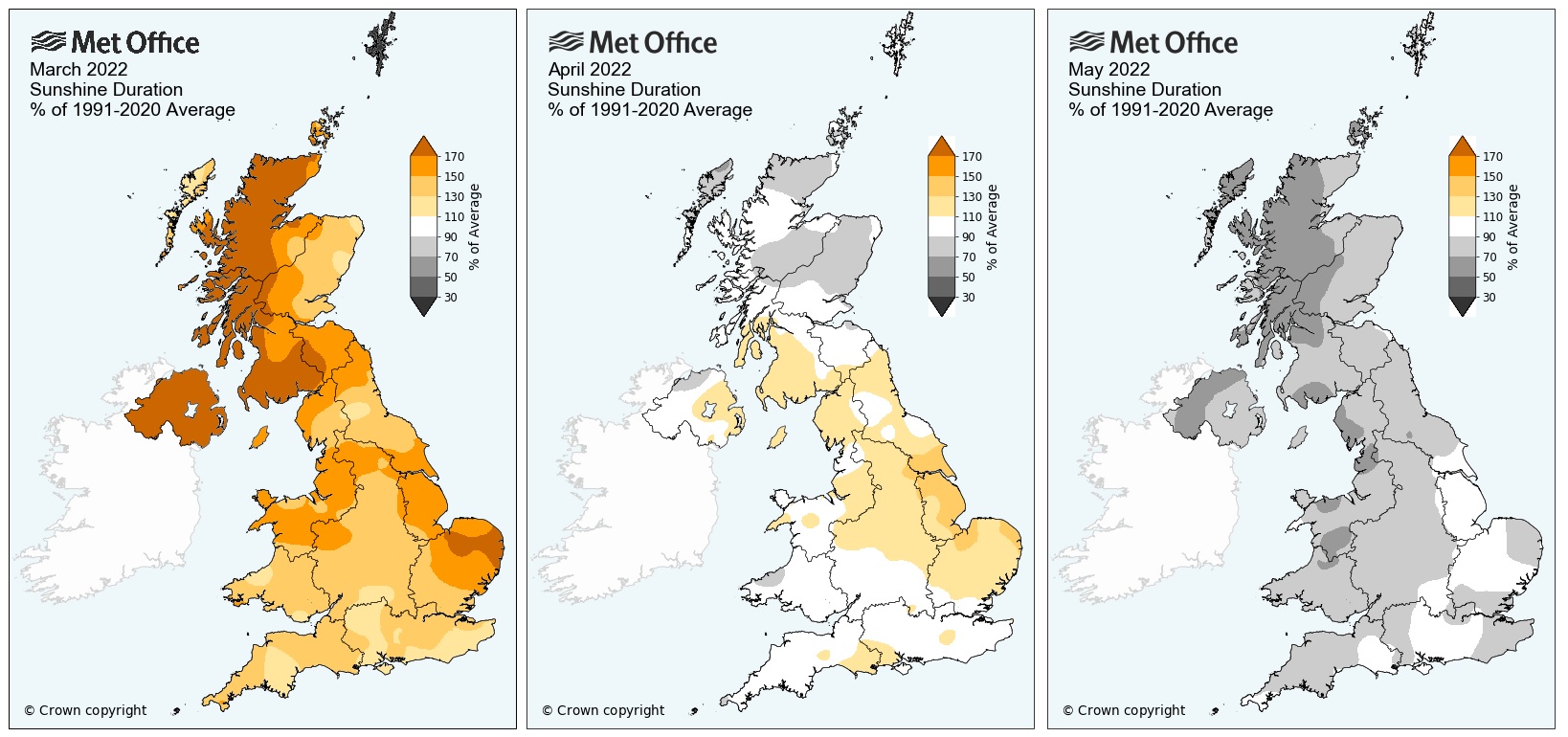 Maps showing March, April and May sunshine hours for the UK.