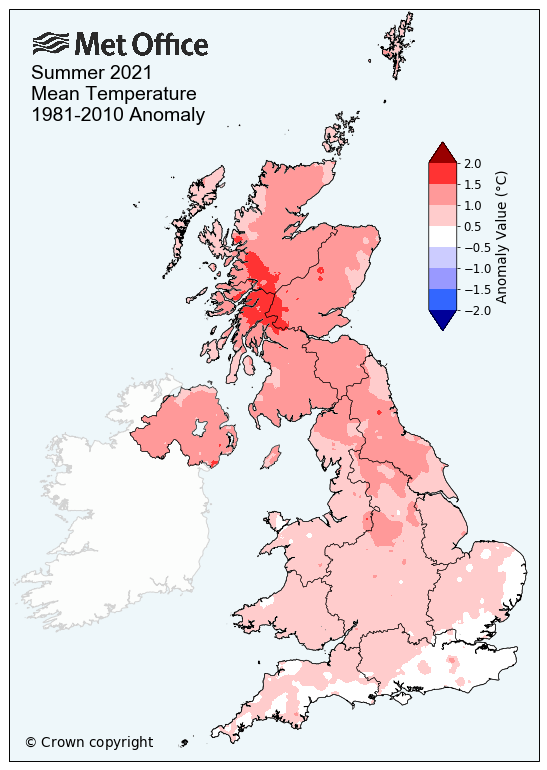 Map showing mean temperature across the UK for Summer 2021