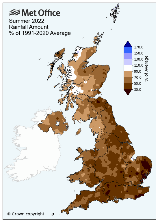Summer 2022 rainfall. The map shows a dry UK compared to average, especially in the south and east.